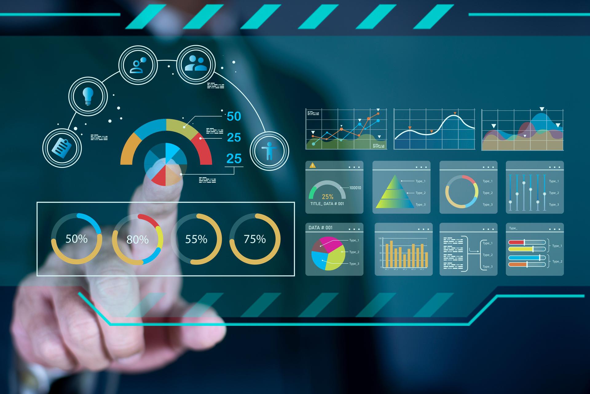Businessman analyst manages the system database, and analysis data plans, and reports GDP marketing KPI sale. shows a dashboard chart. analytics business concept