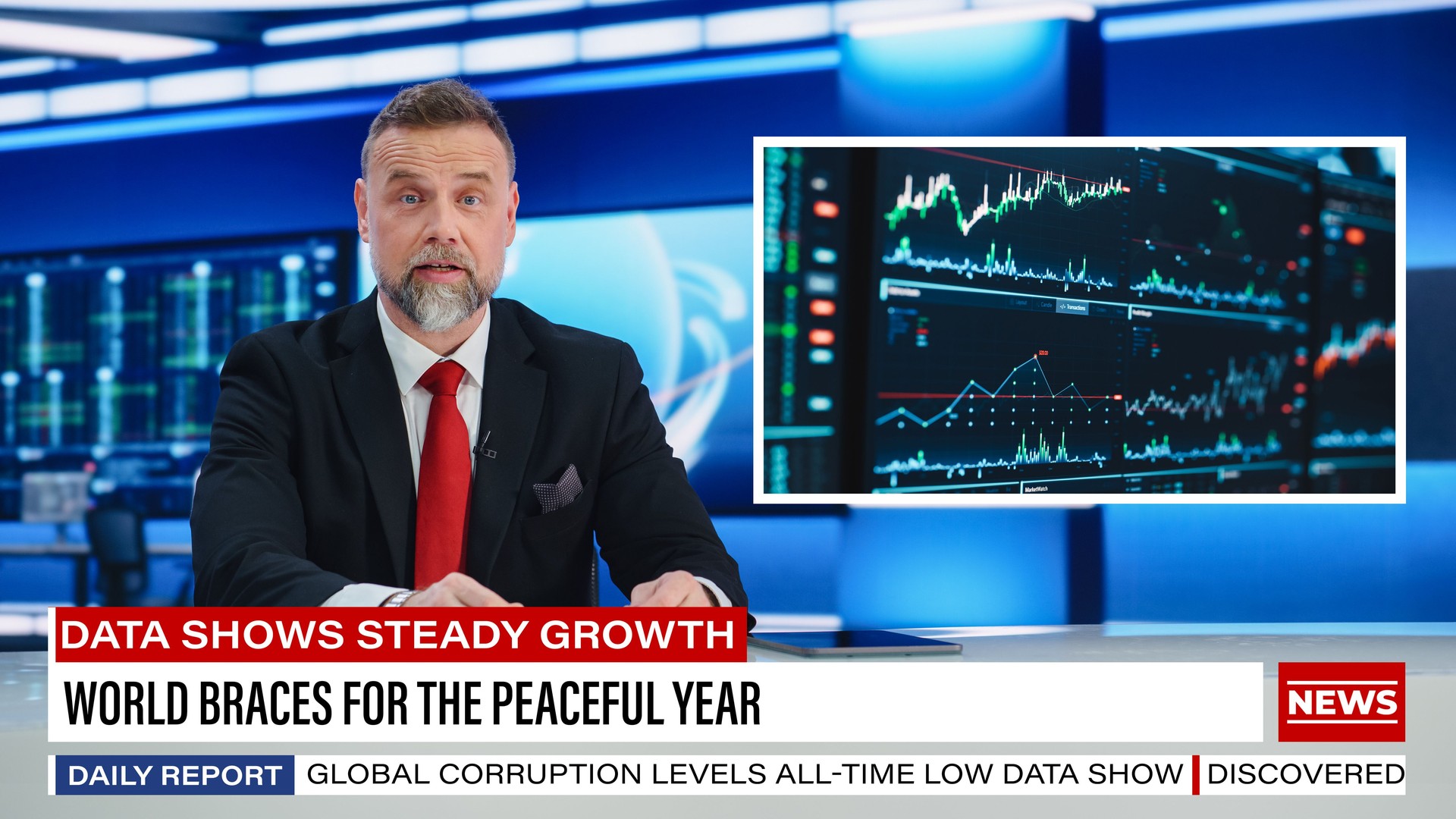 Split Screen TV News Live Report: Anchorman Talks. Reportage Montage: Male Newscaster Reports Good News For The Market. Experts Make Positive Forecast. Television Program On Cable Channel Concept.