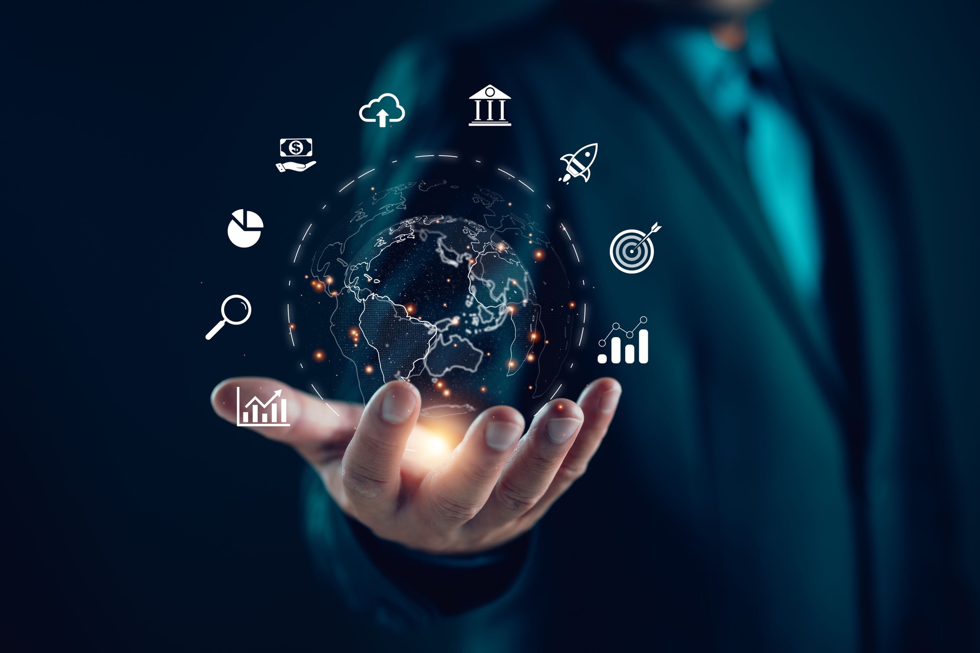 Global management network connection on social networking concept, Businessman technology and digital marketing, Financial and banking, Target, Business Growth strategy, and smart intelligence